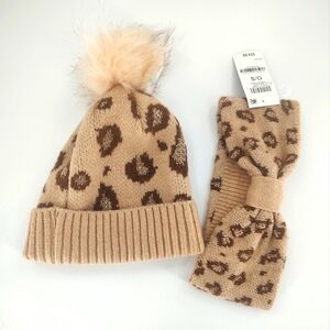 Inc Pom Pom Animal Print Beanie & Headband Brown, O/S